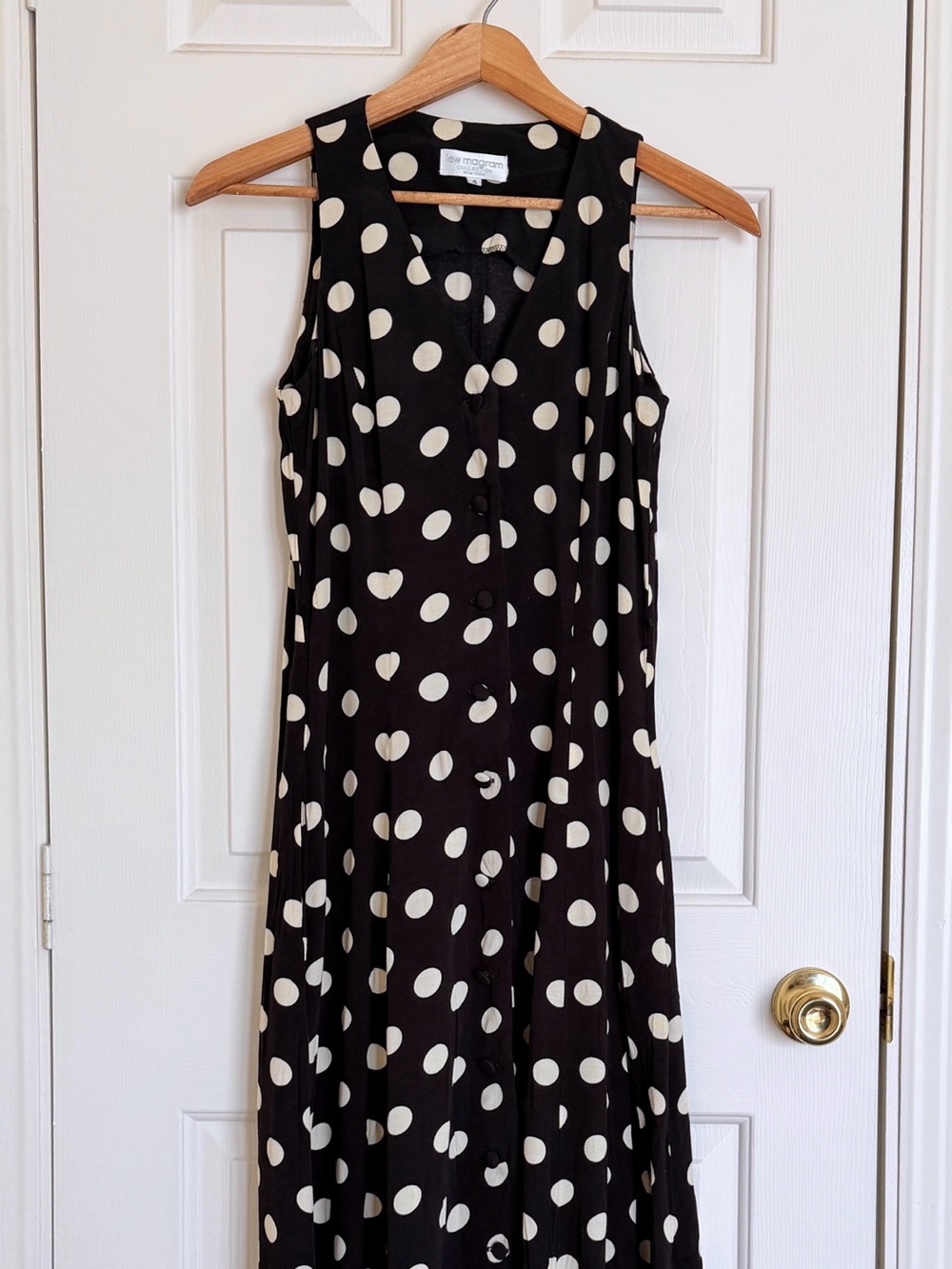 VTG Lew Magram Black Maxi Dress with White Polka Dots 6P